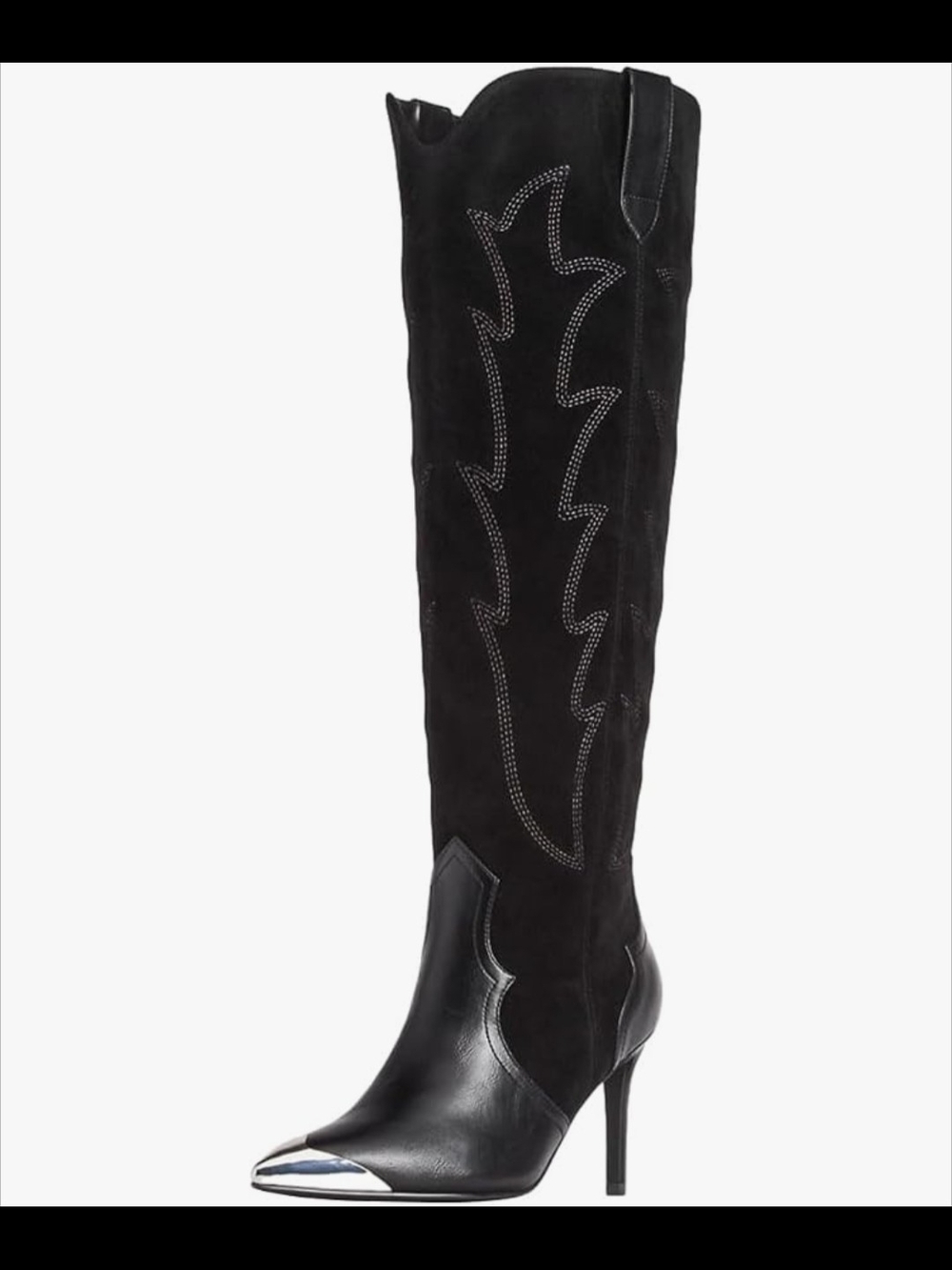 Women Steel Pointed Toe Cap Knee High Boots Embroidery Stiletto Black Heels 6.5
